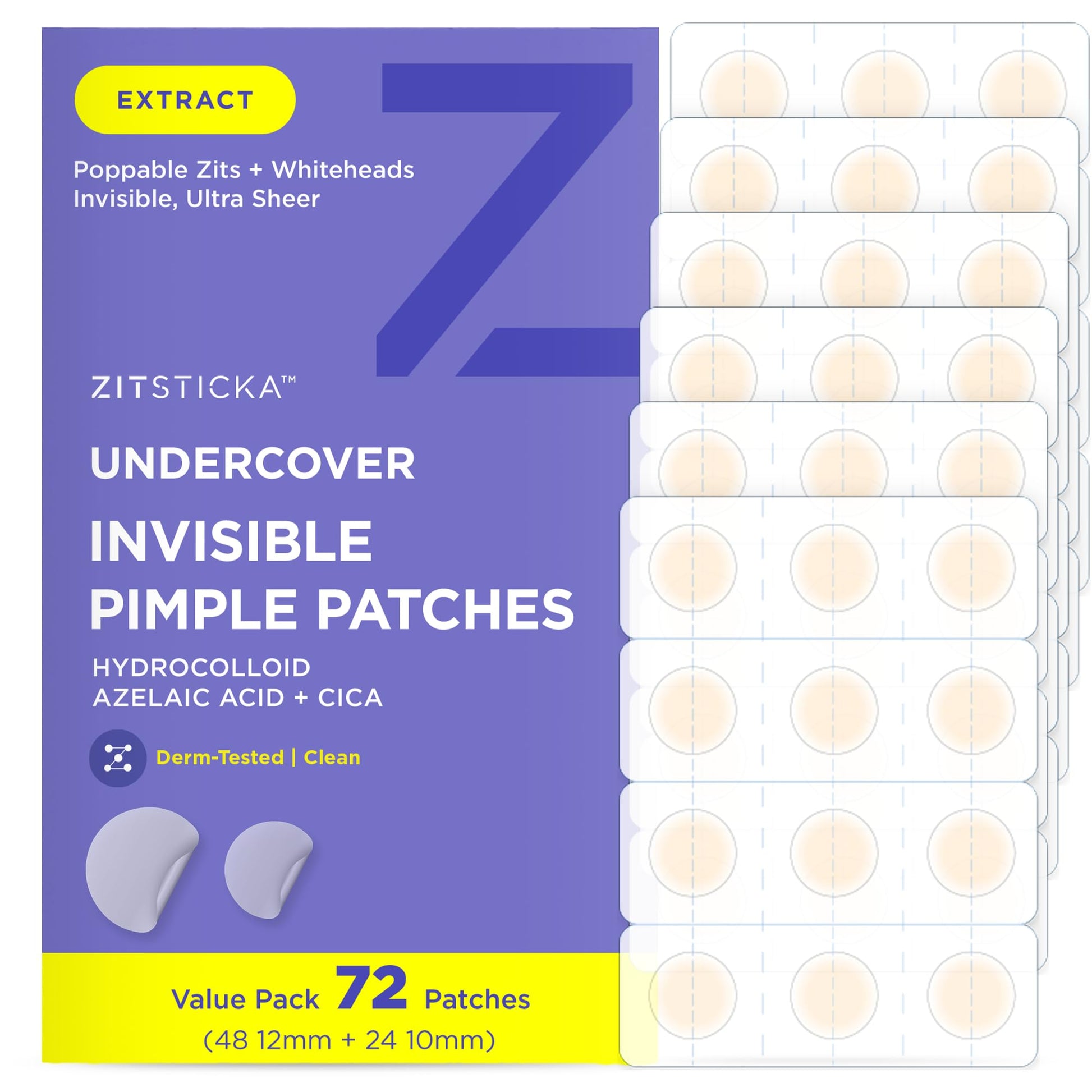 ZitSticka Pimple Patches for Face and Body, Hydrocolloid Patches to Cover Zits & Blemishes, Acne Patches or Zit Spot Stickers, Body Blemish Patch (UNDERCOVER INVISIBLE 36 Pack)